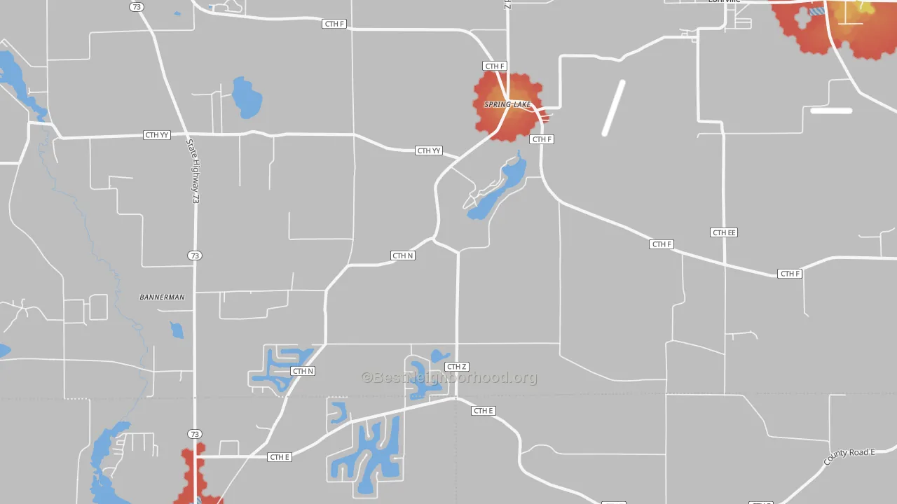 Walk Grade map of Spring Lake, WI, walkable areas in green and car-dependent areas in red