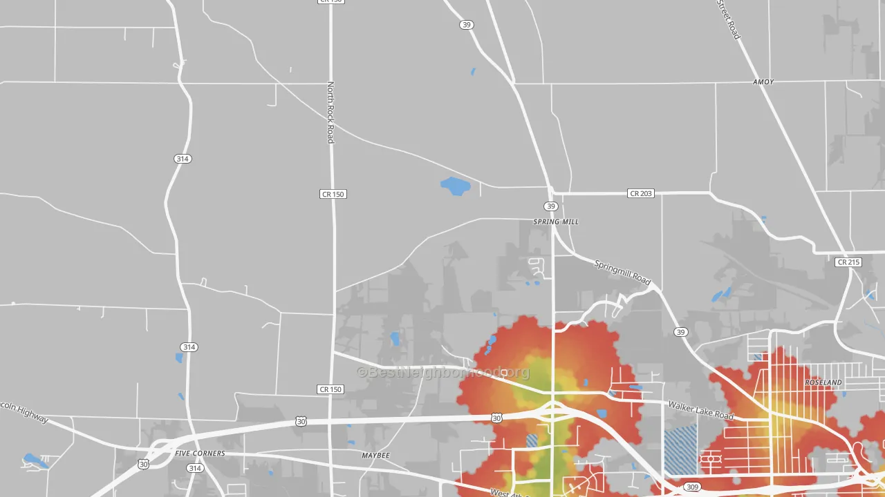 Walk Grade map of Spring Mill, OH, walkable areas in green and car-dependent areas in red