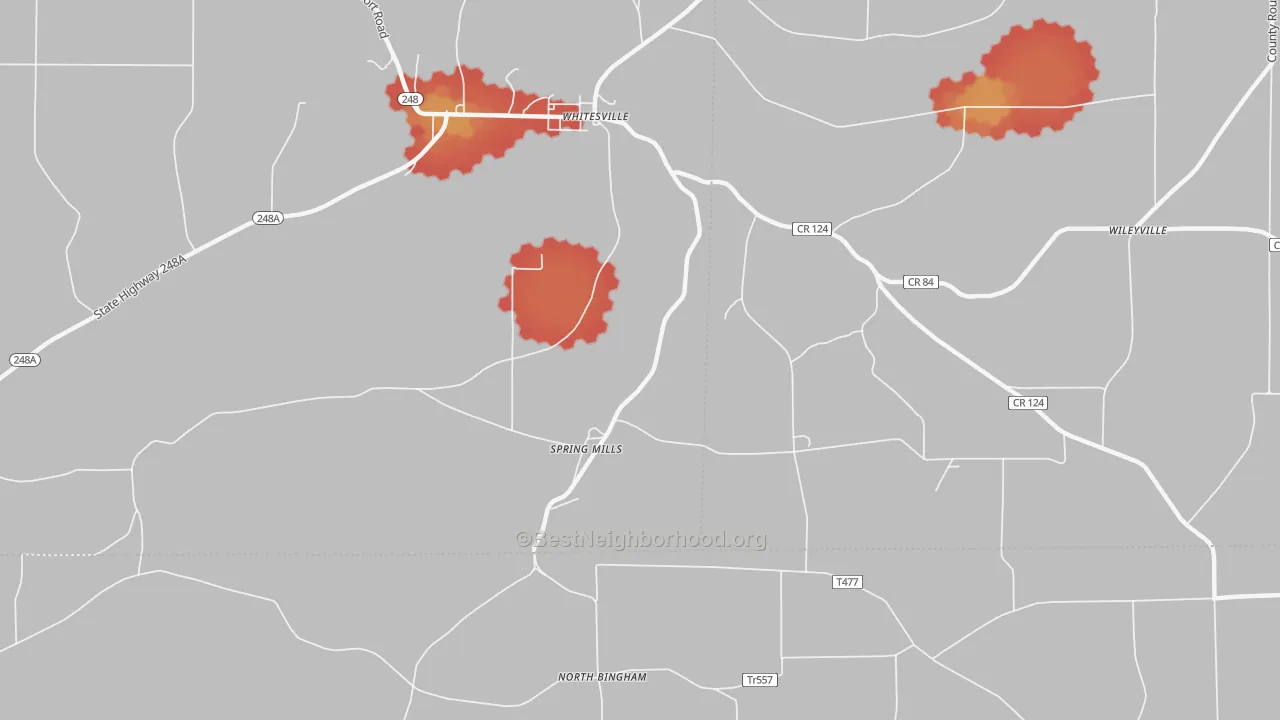 Walk Grade map of Spring Mills, NY, walkable areas in green and car-dependent areas in red