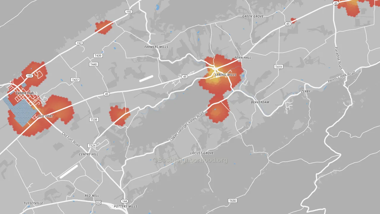 Walk Grade map of Spring Mills, PA, walkable areas in green and car-dependent areas in red