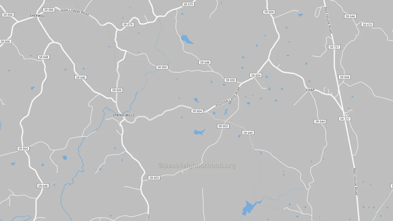 Walk Grade map of Spring Mills, VA, walkable areas in green and car-dependent areas in red