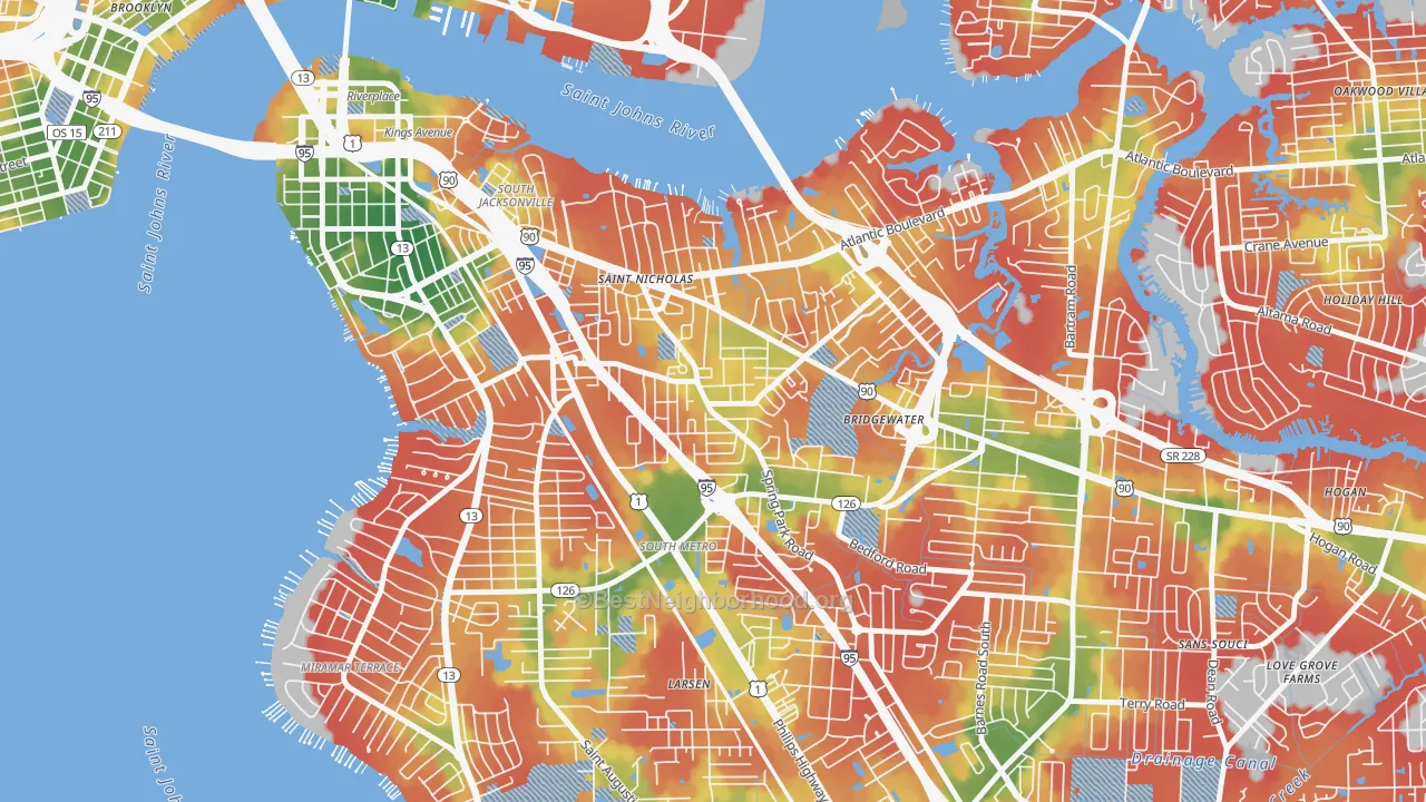 Walk Grade map of Spring Park, Jacksonville, FL, walkable areas in green and car-dependent areas in red