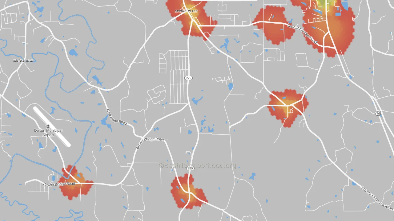 Walk Grade map of Spring Place, GA, walkable areas in green and car-dependent areas in red