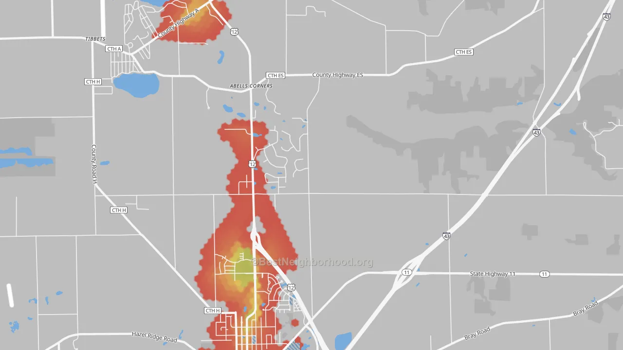 Walk Grade map of Spring Prairie, WI, walkable areas in green and car-dependent areas in red