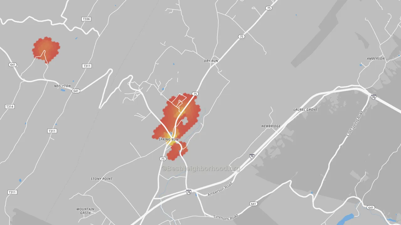 Walk Grade map of Spring Run, PA, walkable areas in green and car-dependent areas in red