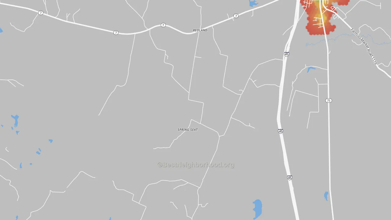 Walk Grade map of Spring Seat, TX, walkable areas in green and car-dependent areas in red