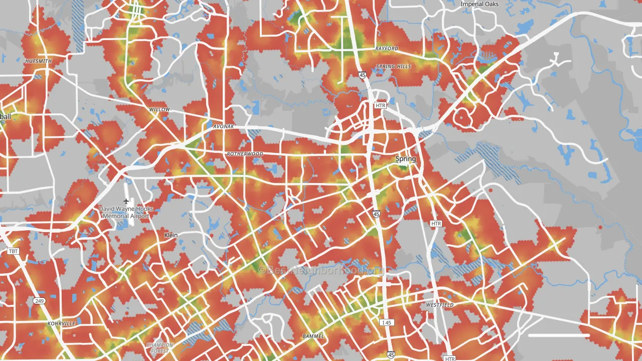 Walk Grade map of Spring, TX, walkable areas in green and car-dependent areas in red