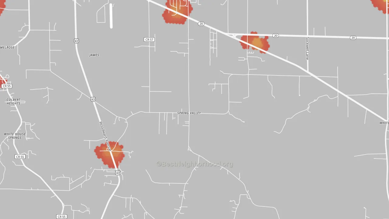 Walk Grade map of Spring Valley, AL, walkable areas in green and car-dependent areas in red