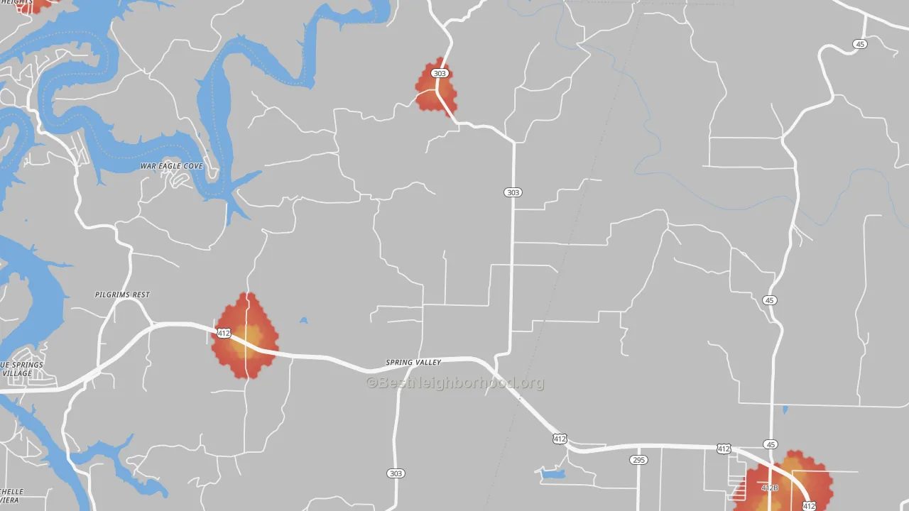 Walk Grade map of Spring Valley, AR, walkable areas in green and car-dependent areas in red
