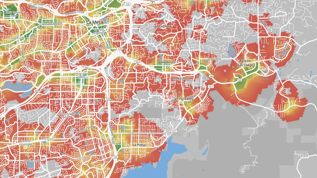 Walk Grade map of Spring Valley, CA, walkable areas in green and car-dependent areas in red