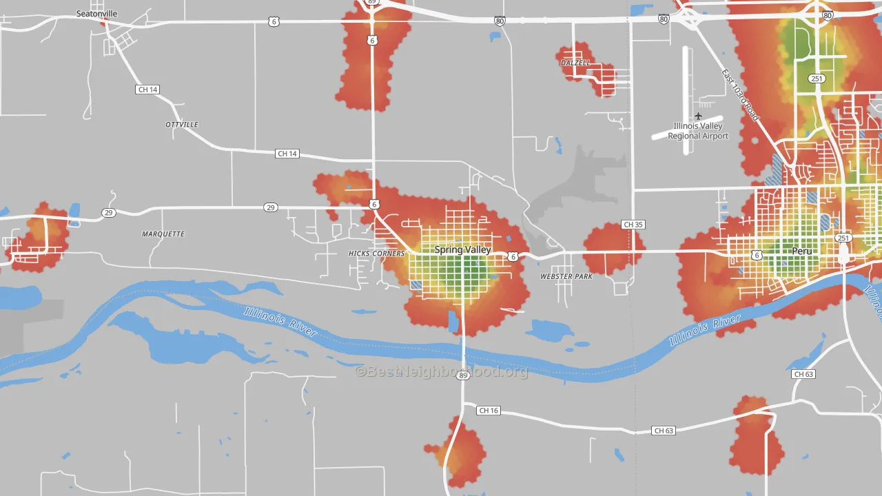 Walk Grade map of Spring Valley, IL, walkable areas in green and car-dependent areas in red