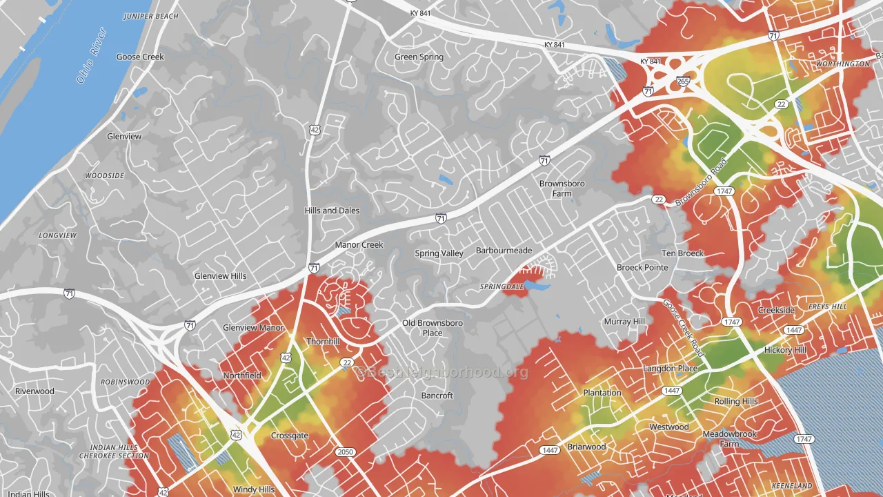 Walk Grade map of Spring Valley, KY, walkable areas in green and car-dependent areas in red