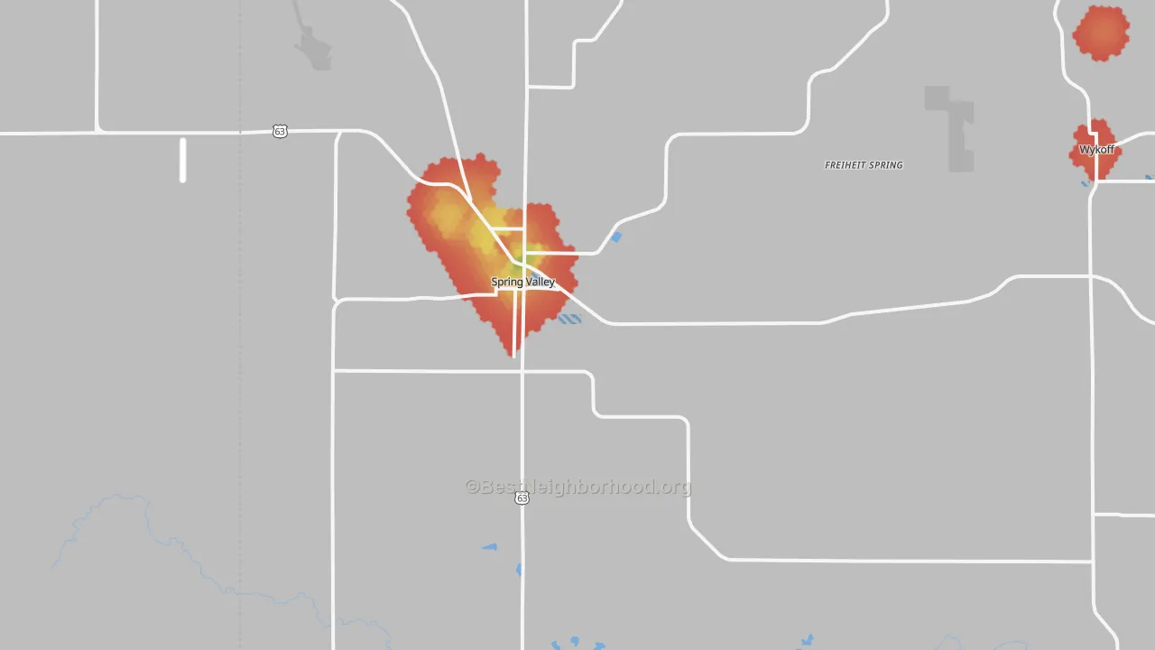 Walk Grade map of Spring Valley, MN, walkable areas in green and car-dependent areas in red