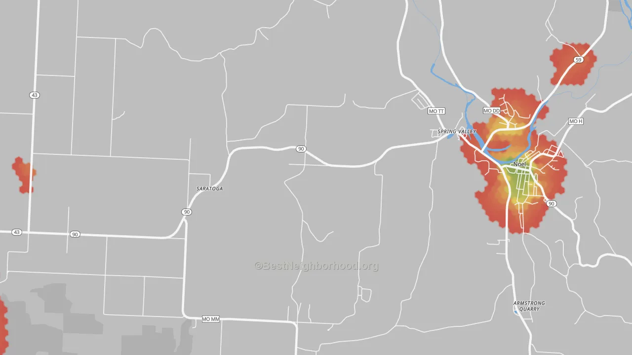 Walk Grade map of Spring Valley, MO, walkable areas in green and car-dependent areas in red