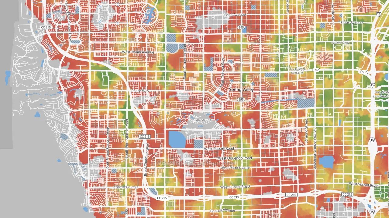 Walk Grade map of Spring Valley, NV, walkable areas in green and car-dependent areas in red