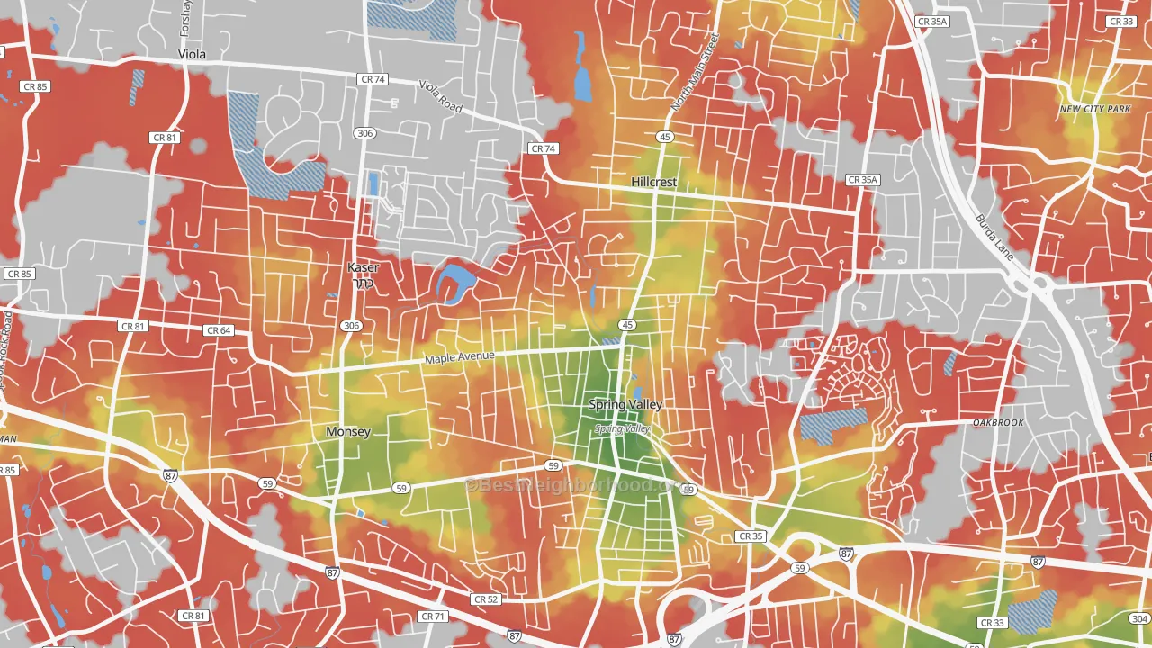Walk Grade map of Spring Valley, NY, walkable areas in green and car-dependent areas in red