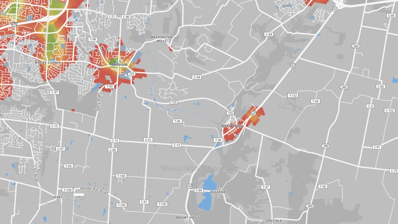 Walk Grade map of Spring Valley, OH, walkable areas in green and car-dependent areas in red