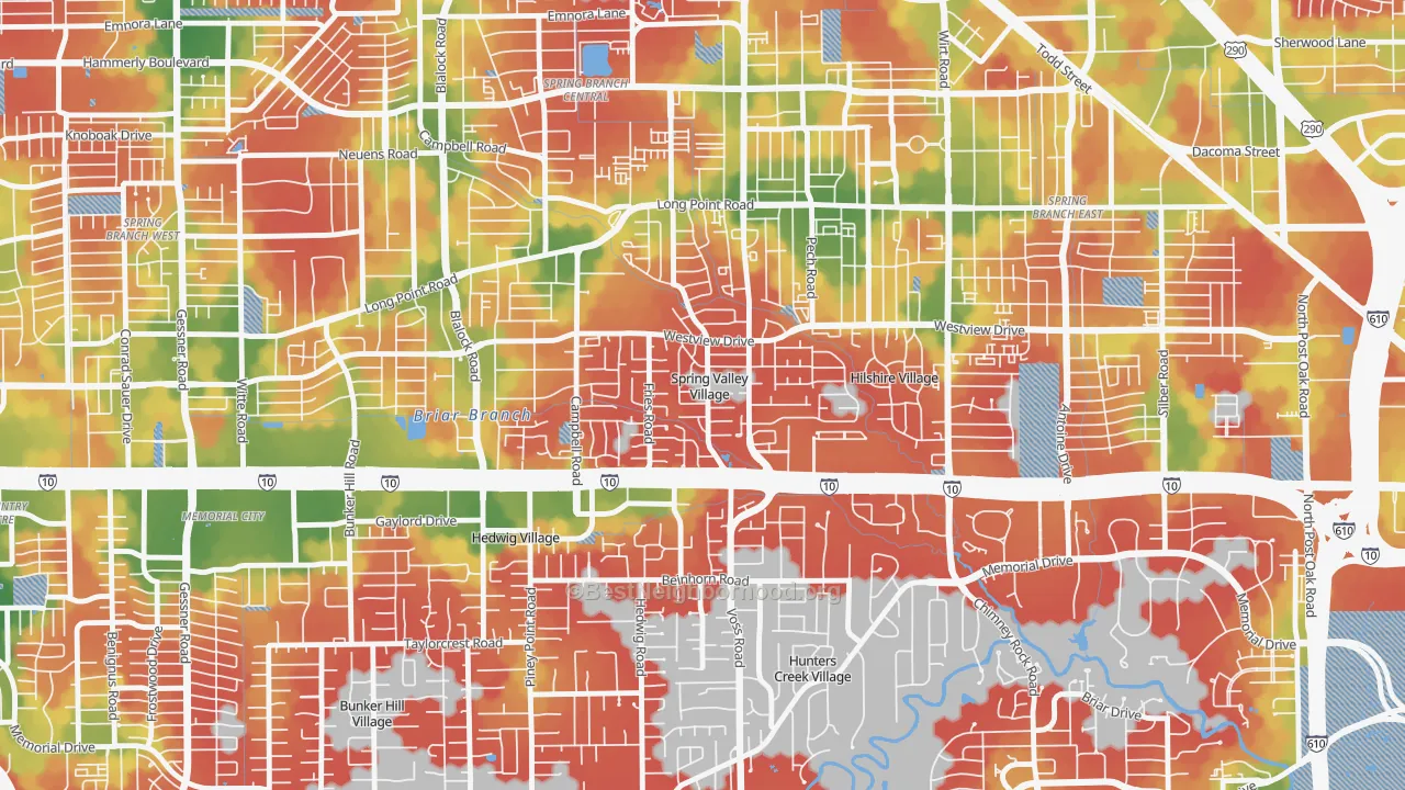 Walk Grade map of Spring Valley, TX, walkable areas in green and car-dependent areas in red