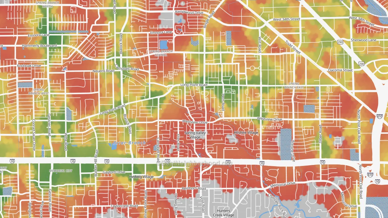 Walk Grade map of Spring Valley Village, TX, walkable areas in green and car-dependent areas in red