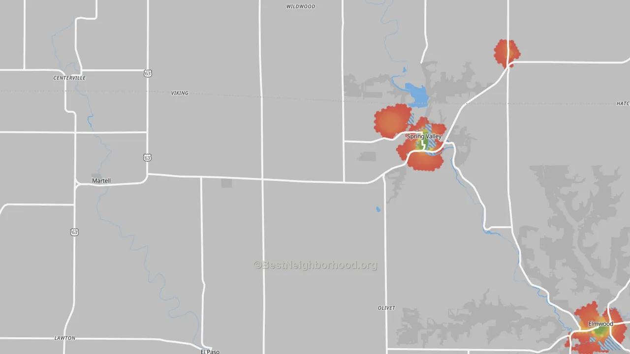 Walk Grade map of Spring Valley, WI, walkable areas in green and car-dependent areas in red