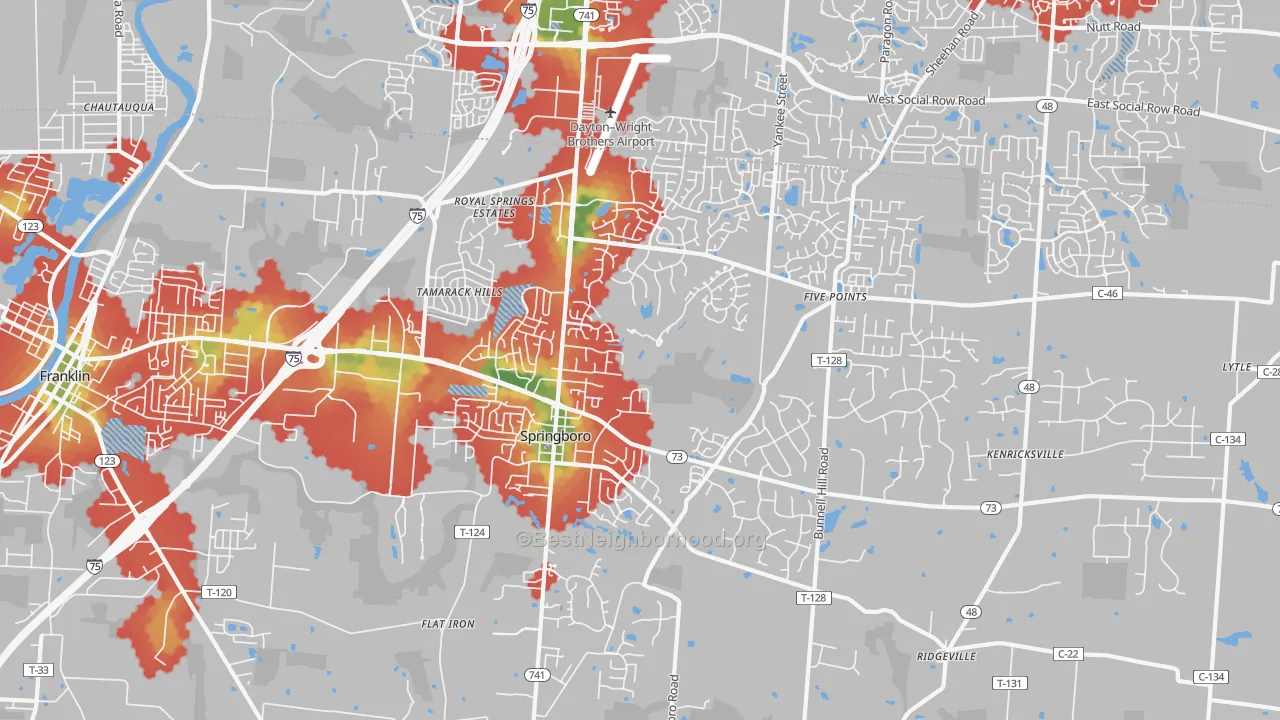 Walk Grade map of Springboro, OH, walkable areas in green and car-dependent areas in red