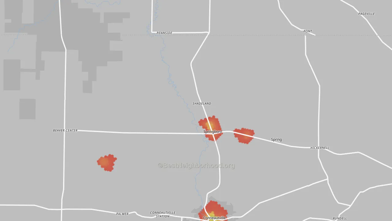 Walk Grade map of Springboro, PA, walkable areas in green and car-dependent areas in red