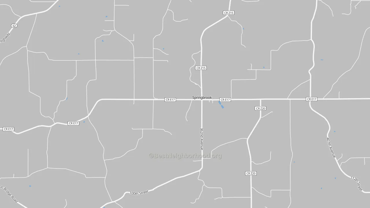 Walk Grade map of Springbrook, IA, walkable areas in green and car-dependent areas in red