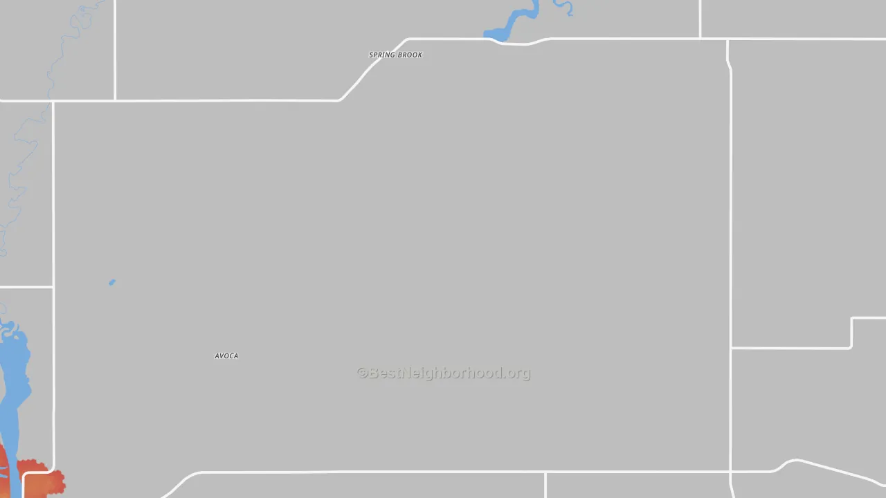 Walk Grade map of Springbrook, ND, walkable areas in green and car-dependent areas in red