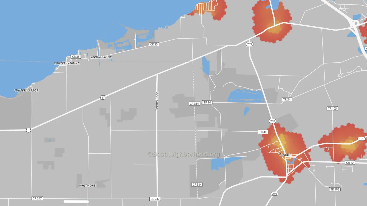 Walk Grade map of Springbrook, OH, walkable areas in green and car-dependent areas in red