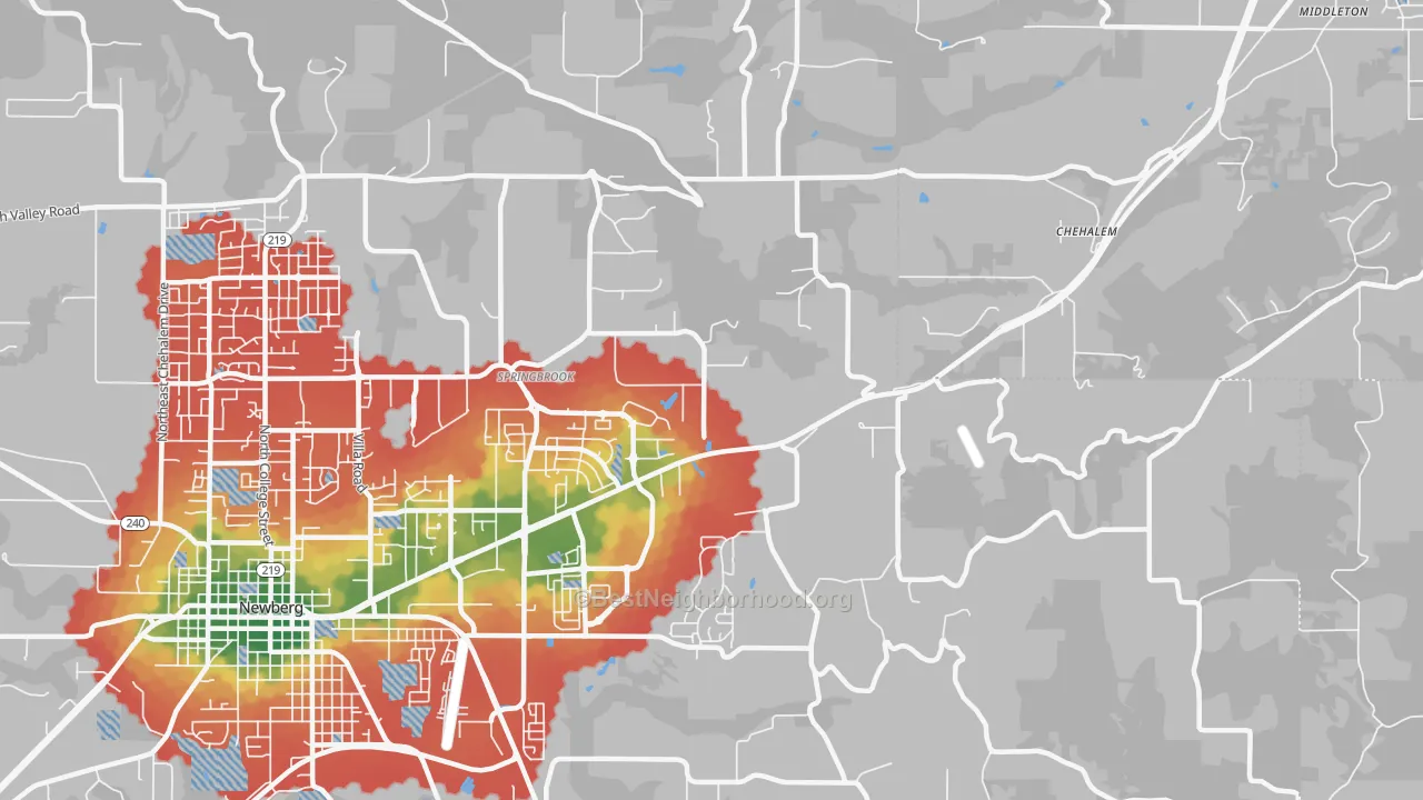 Walk Grade map of Springbrook, OR, walkable areas in green and car-dependent areas in red