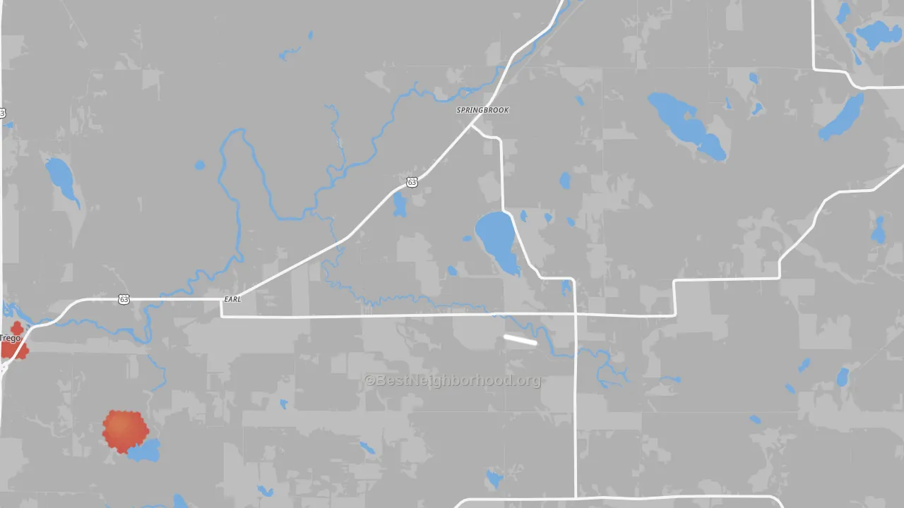 Walk Grade map of Springbrook, WI, walkable areas in green and car-dependent areas in red
