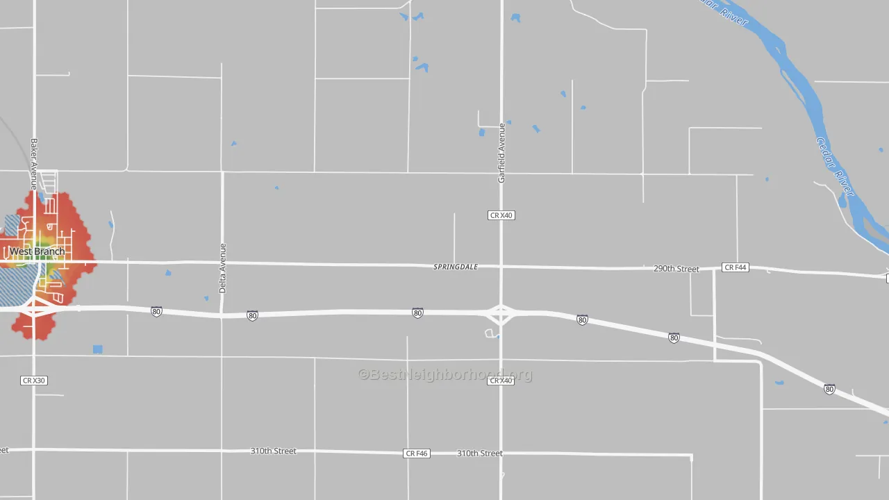 Walk Grade map of Springdale, IA, walkable areas in green and car-dependent areas in red