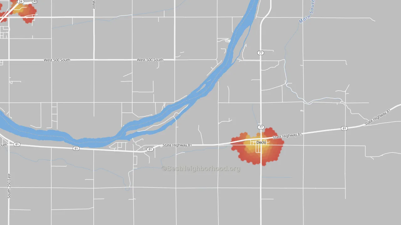 Walk Grade map of Springdale, ID, walkable areas in green and car-dependent areas in red