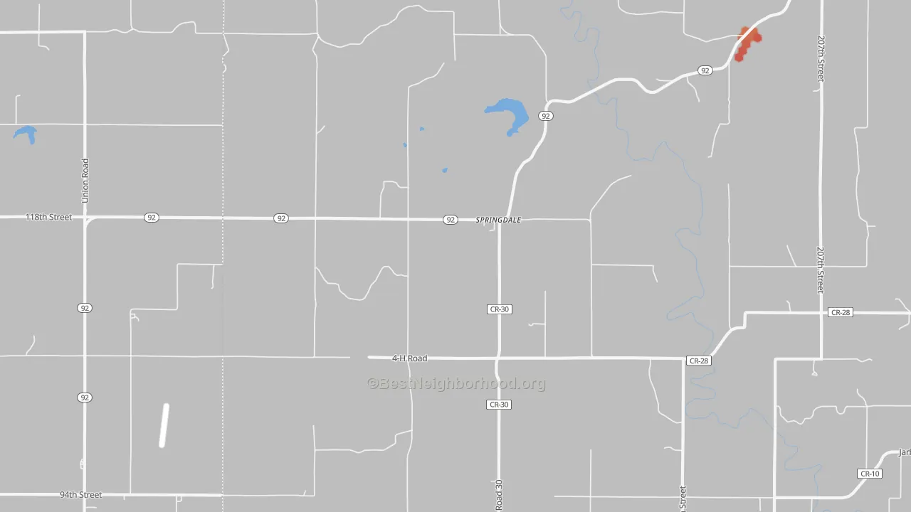 Walk Grade map of Springdale, KS, walkable areas in green and car-dependent areas in red