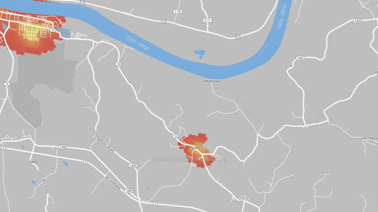 Walk Grade map of Springdale, KY, walkable areas in green and car-dependent areas in red