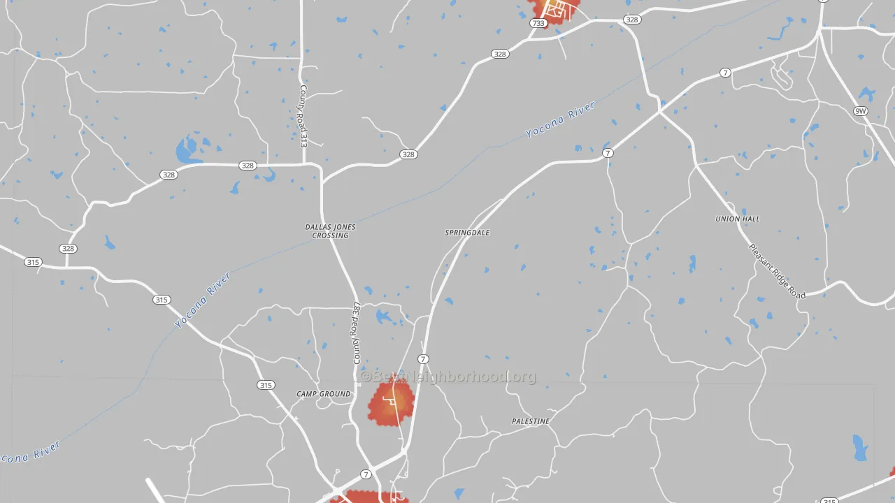 Walk Grade map of Springdale, MS, walkable areas in green and car-dependent areas in red