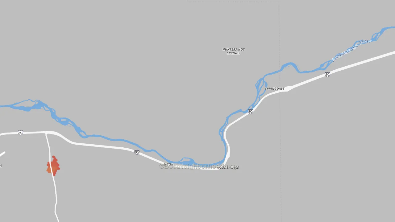 Walk Grade map of Springdale, MT, walkable areas in green and car-dependent areas in red