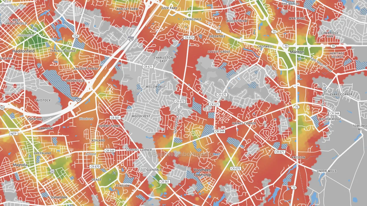 Walk Grade map of Springdale, NJ, walkable areas in green and car-dependent areas in red