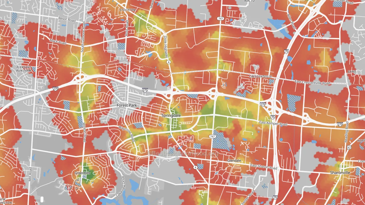 Walk Grade map of Springdale, OH, walkable areas in green and car-dependent areas in red