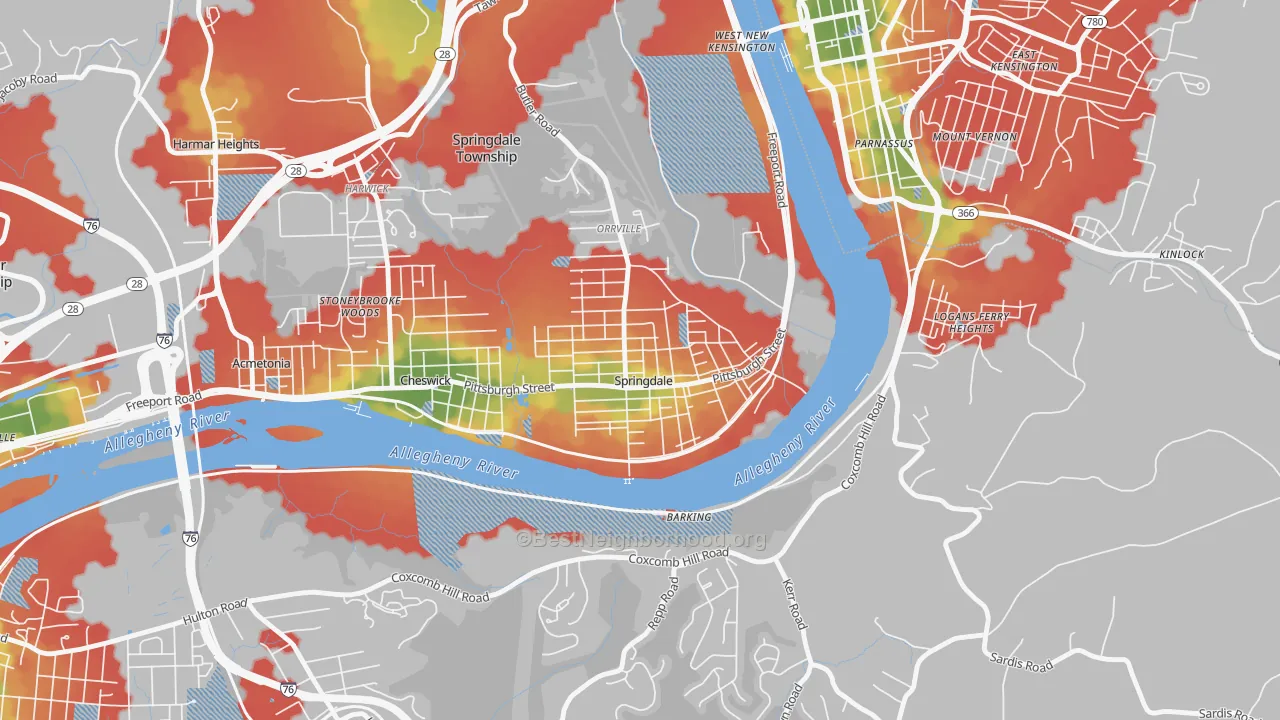 Walk Grade map of Springdale, PA, walkable areas in green and car-dependent areas in red