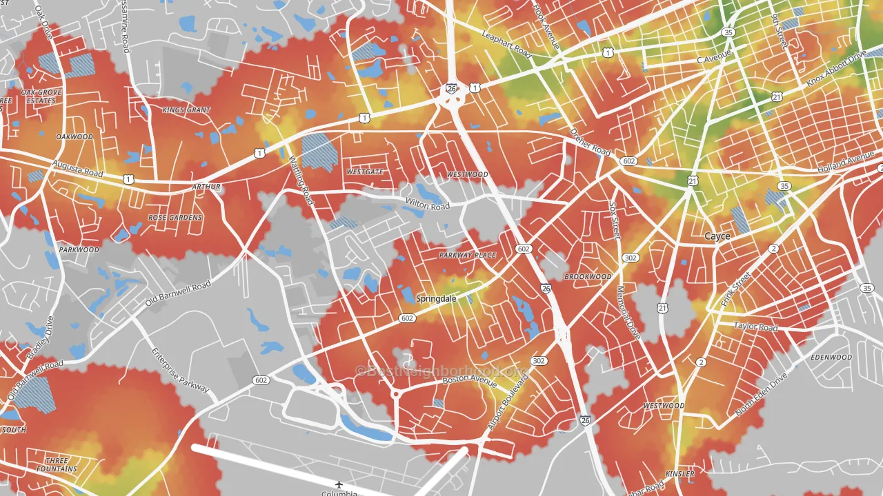 Walk Grade map of Springdale, SC, walkable areas in green and car-dependent areas in red