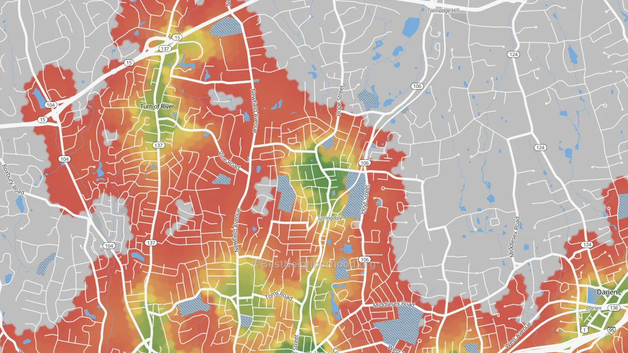 Walk Grade map of Springdale, Stamford, CT, walkable areas in green and car-dependent areas in red