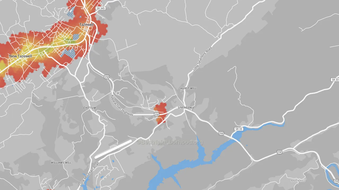 Walk Grade map of Springdale, TN, walkable areas in green and car-dependent areas in red