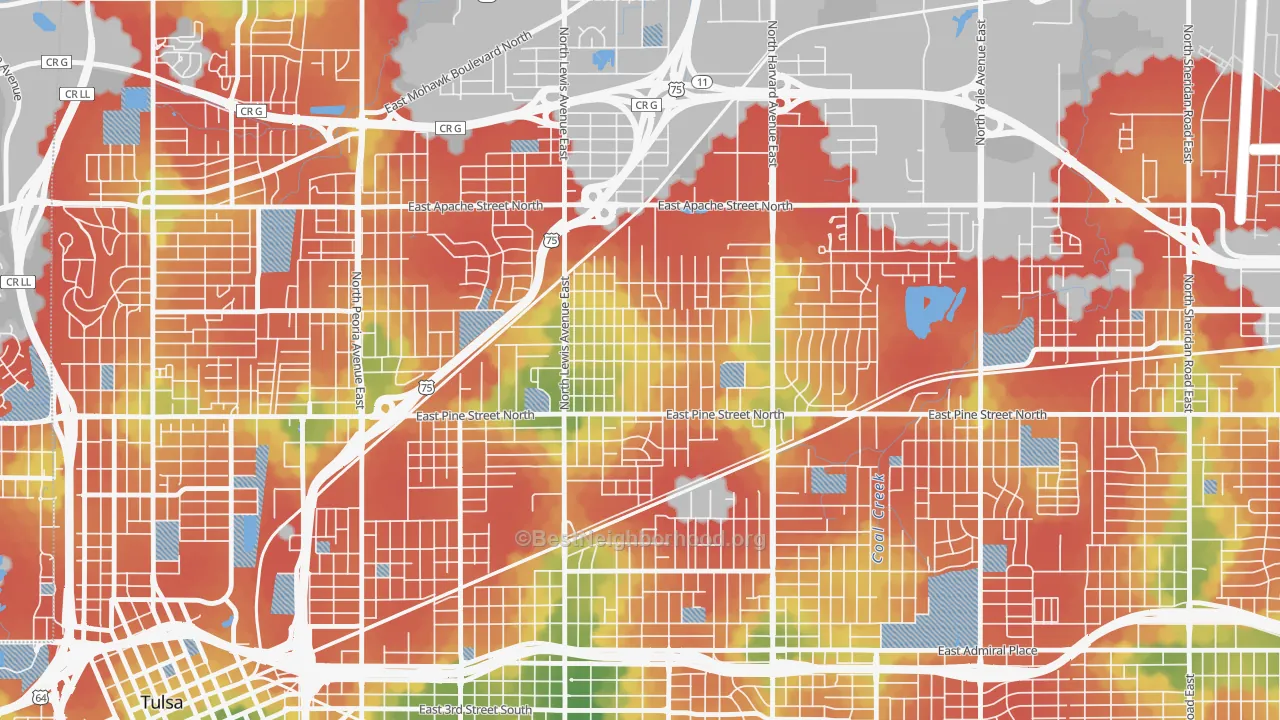 Walk Grade map of Springdale, Tulsa, OK, walkable areas in green and car-dependent areas in red