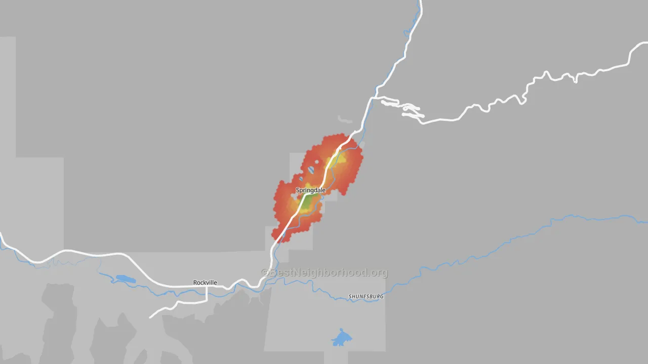 Walk Grade map of Springdale, UT, walkable areas in green and car-dependent areas in red