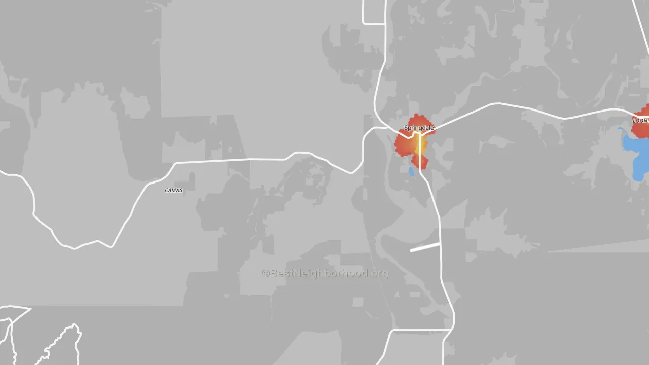 Walk Grade map of Springdale, WA, walkable areas in green and car-dependent areas in red