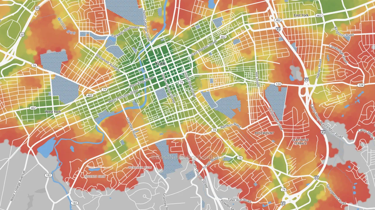 Walk Grade map of Springdale, York, PA, walkable areas in green and car-dependent areas in red