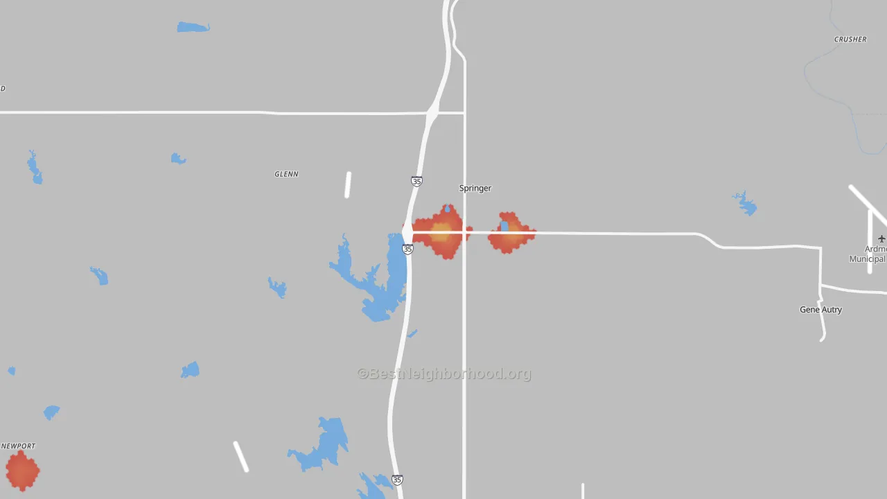 Walk Grade map of Springer, OK, walkable areas in green and car-dependent areas in red