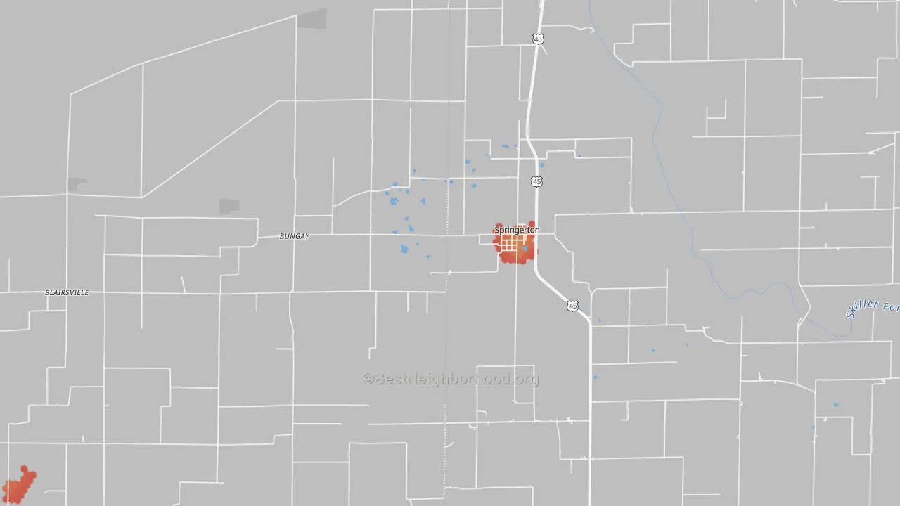 Walk Grade map of Springerton, IL, walkable areas in green and car-dependent areas in red