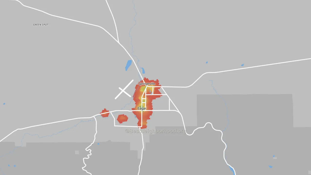 Walk Grade map of Springerville, AZ, walkable areas in green and car-dependent areas in red